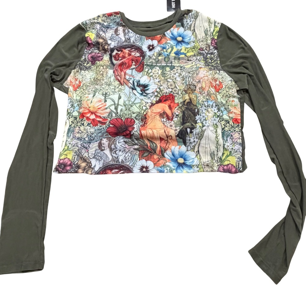 NEW Hot Topic Art Nouveau Floral Goddess Mesh Crop Top Green XL Alphonse Mucha
